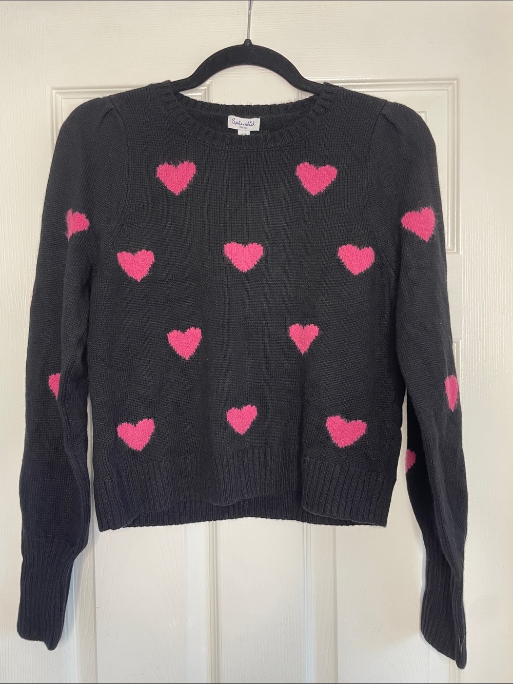 Splendid Black Crewneck Sweater with Hot Pink Heart Motifs